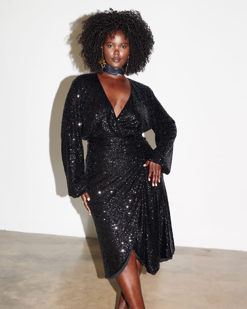 Black sequin wrap dress cheap